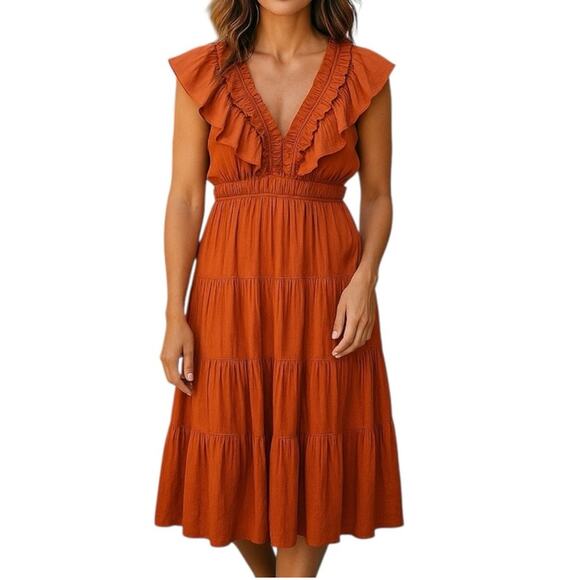 Tahari Flutter Sleeve Burnt Orange Ruffle Midi Dress Size Medium - Picture 1 of 14